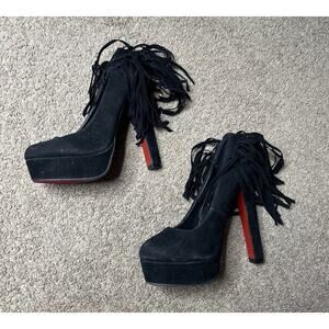 Women’s Size 6.5 Machi Black Faux Suede Fringe Detail Platform High Heels